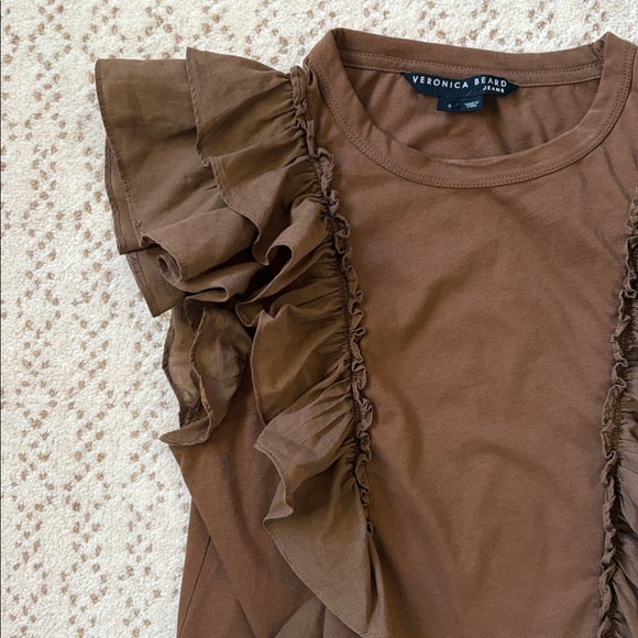 Veronica Beard Bardot Ruffle Cotton Tee Brown Size Small - Picture 6 of 10